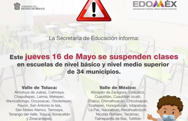 Suspender Clases en 34 municipios del Edoméx