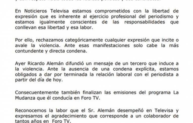 Sale Ricardo Alemán de Televisa y Canal Once por Tweet violento 