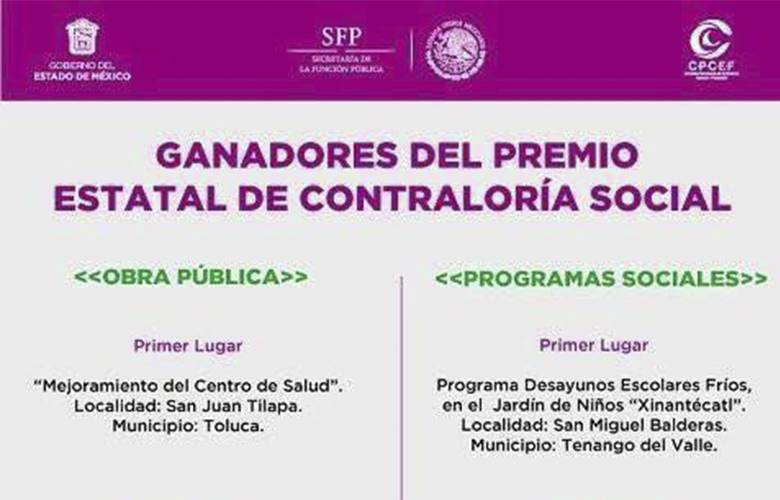 Gana Toluca primer lugar del Premio Estatal de Contraloría Social en materia de Obra Pública