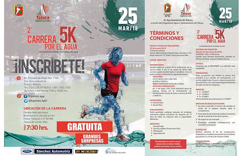 Convoca Toluca a la 2Âª. Carrera por el Agua 5K