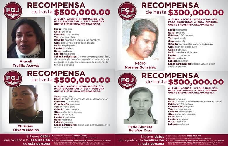 Ofrece fiscalía estatal recompensa para localizar a cuatro personas