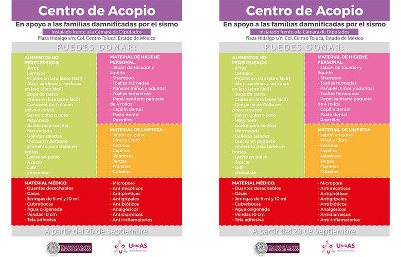 Instala la Legislatura centro de acopio para apoyar a mexiquenses afectados por el sismo