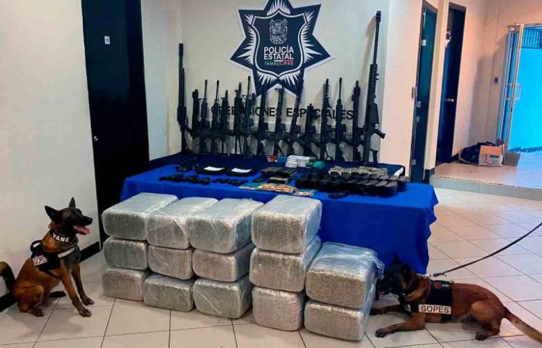 Tamaulipas: Aseguran arsenal y droga en casa de seguridad