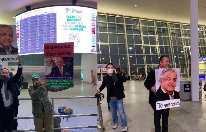 Mexicanos esperan a AMLO en EU, con banderas y pancartas.